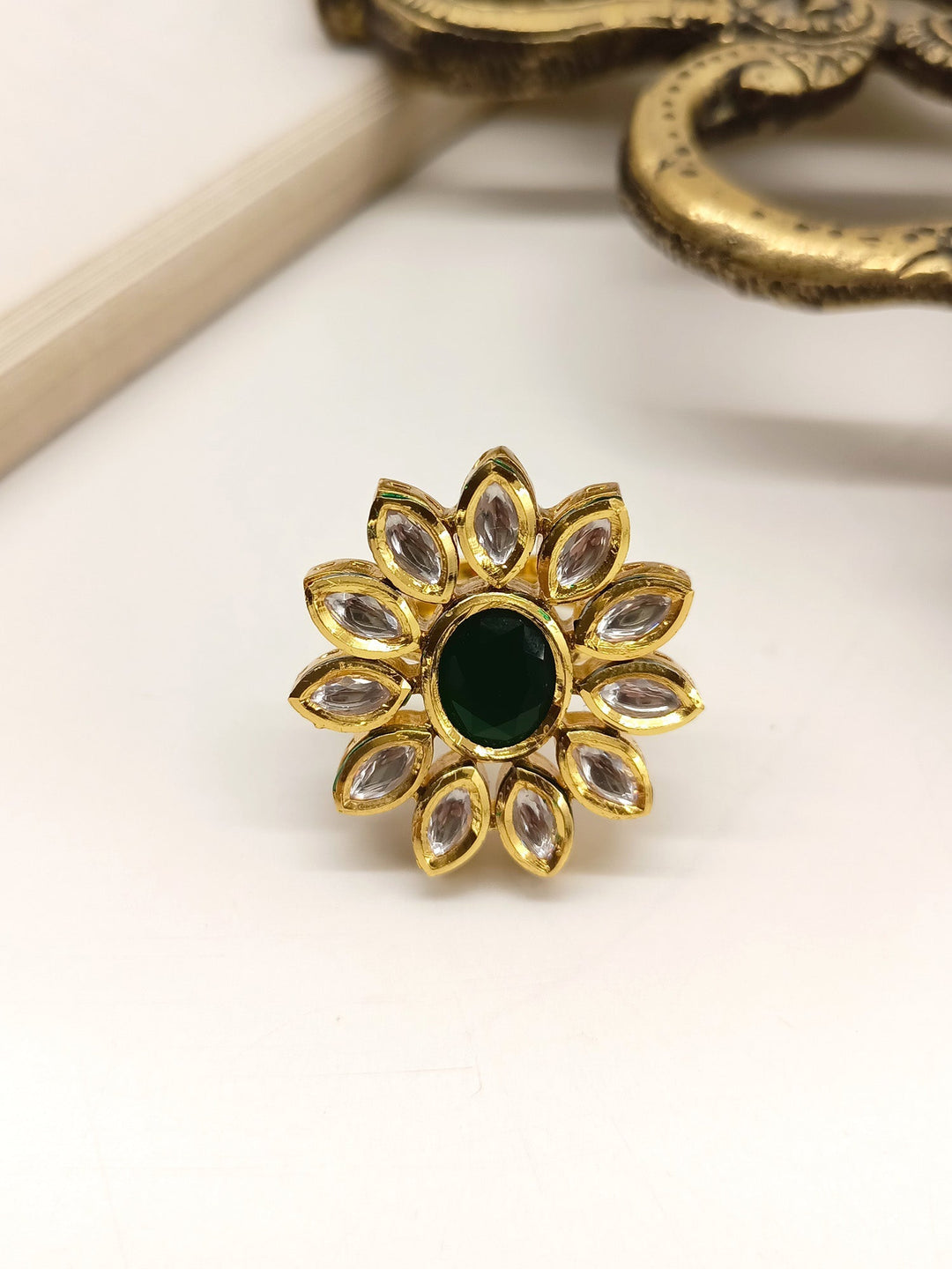 Jaspinder Green Kundan Finger Ring