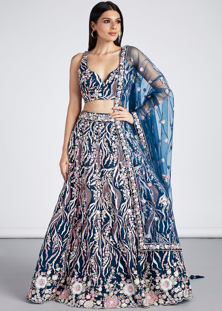 Navy Blue Net Lehenga Choli Highlighted with Sequins & Thread Embroidery