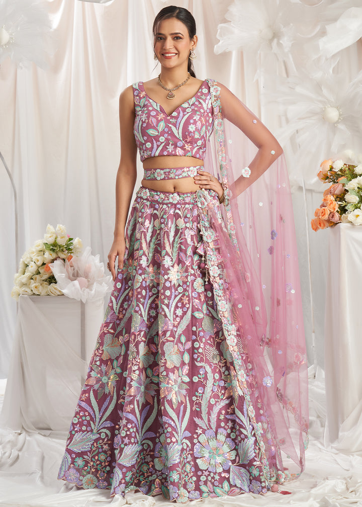 Wildberry Purple Net Lehenga Choli Adorned with Sequins Embroidery Work