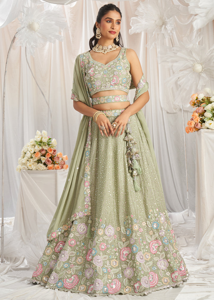 Lime Green Chiffon Lehenga Choli Adorned with Sequins & Thread Embroidery