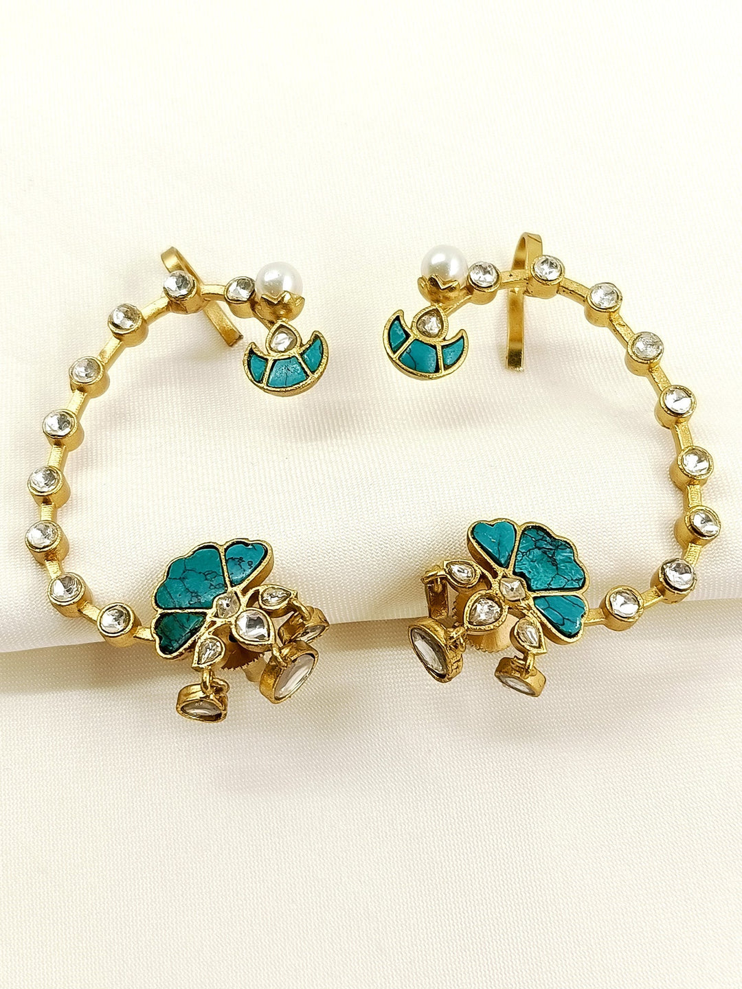 Dia Firozi Kundan Earcuffs - Turquoise Ear Cuff Antique Gold