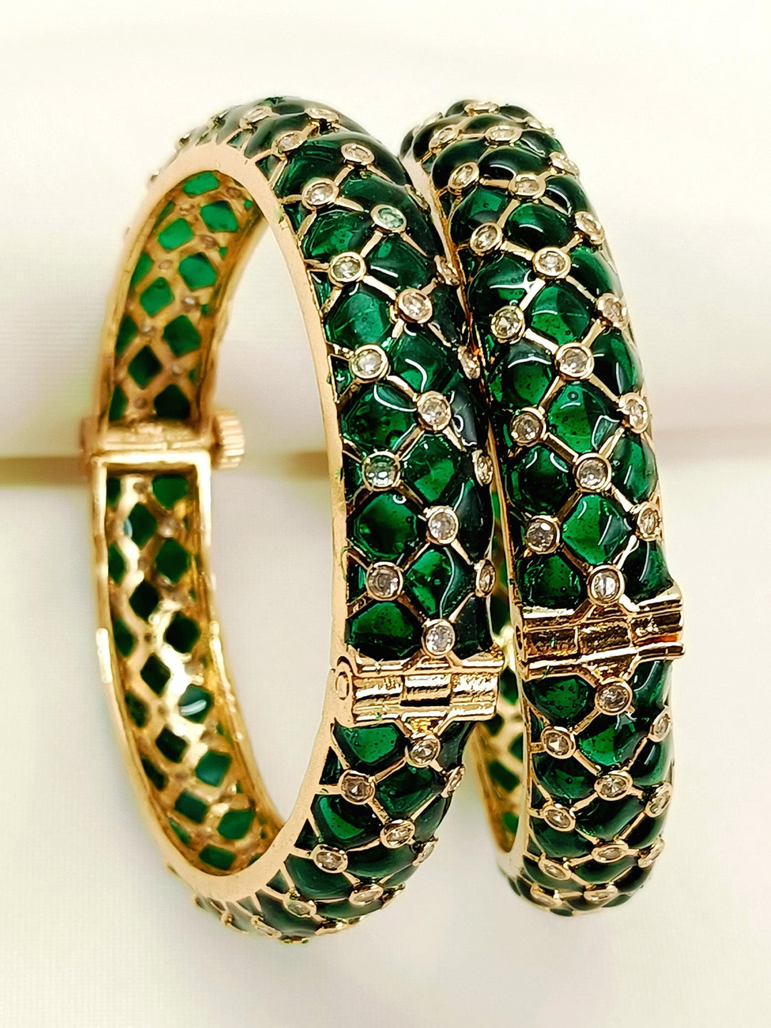 Sariah Green Kundan Bangles - Antique Gold Plating Size 2.4