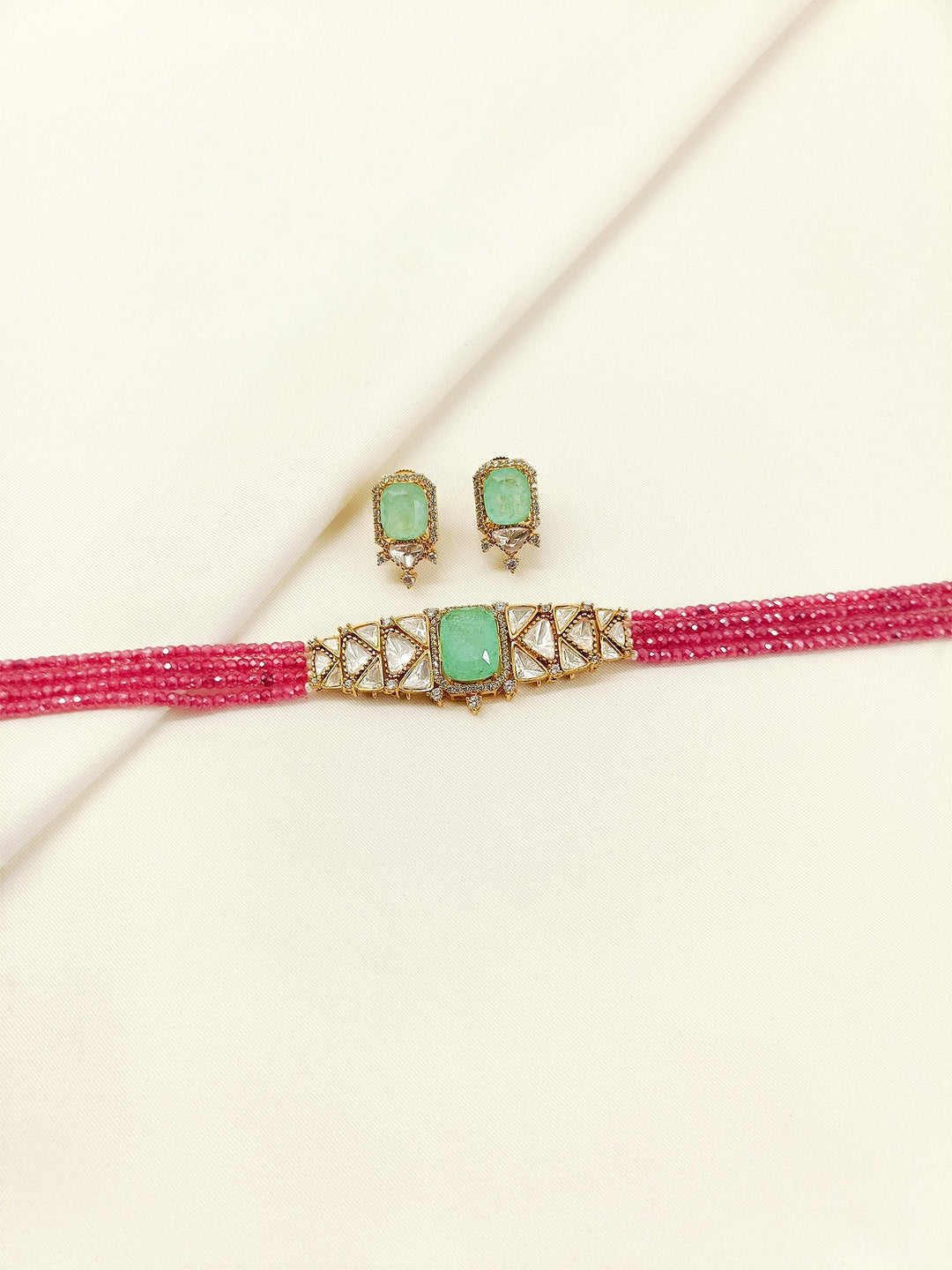 Naincy Mint Green & Pink Beaded Kundan Choker Set