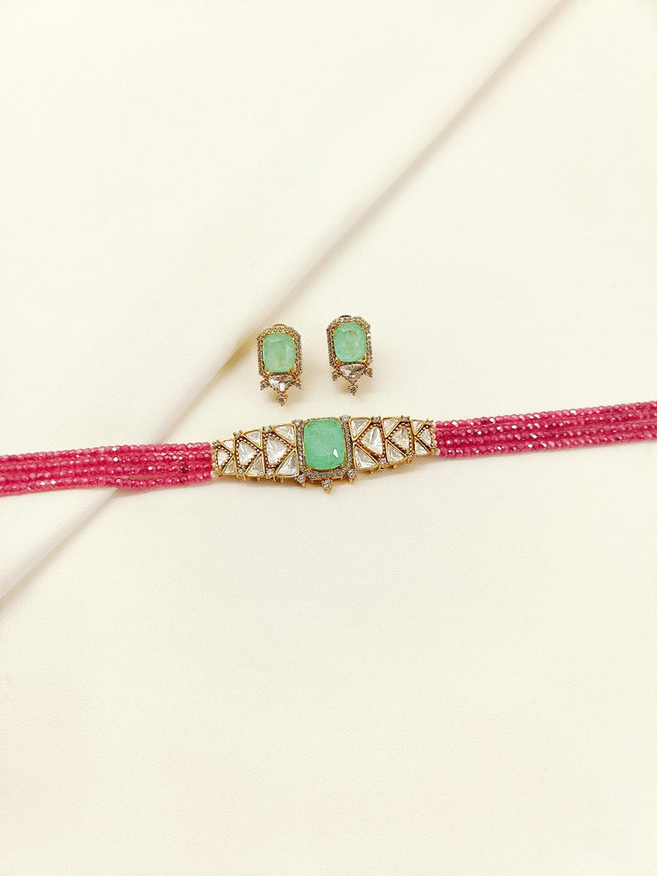 Naincy Mint Green &amp; Pink Beaded Kundan Choker Set