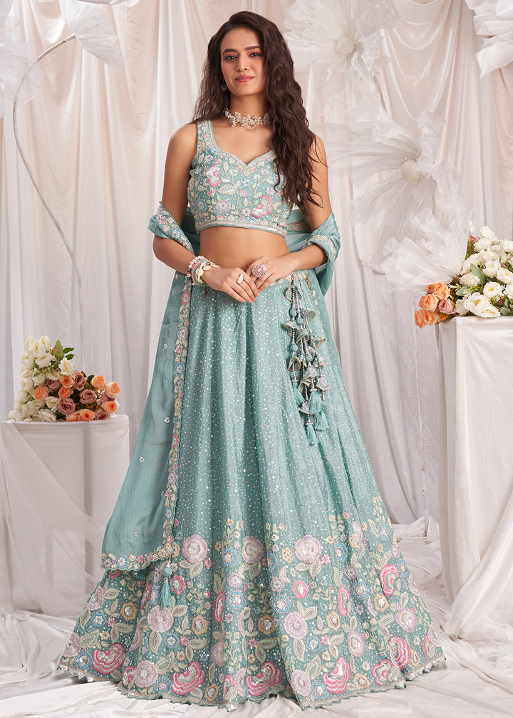 Light Sea Green Chiffon Lehenga Choli Adorned with Sequins & Thread Embroidery