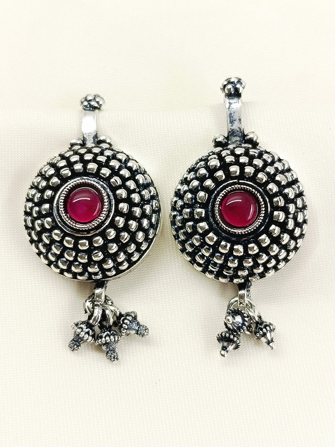 Nomad Oxidized Tribal Sunburst Ear Cuff with Ruby Pink Stone & Ghungroo