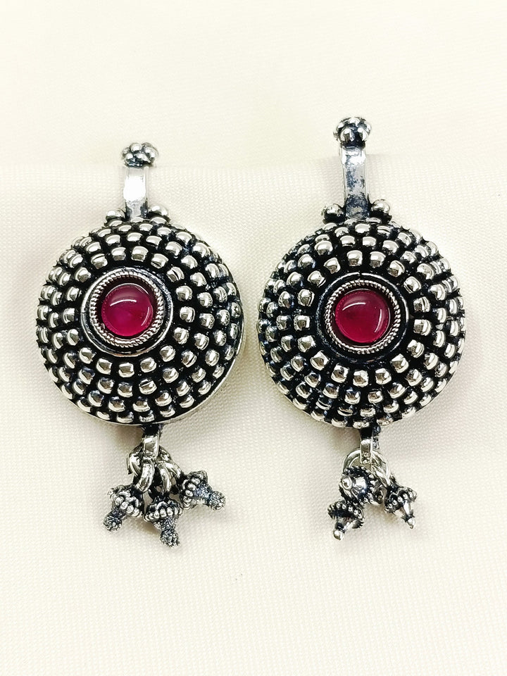 Nomad Oxidized Tribal Sunburst Ear Cuff with Ruby Pink Stone & Ghungroo