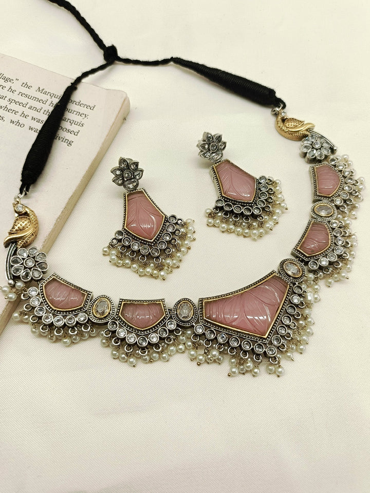 Amelia Baby Pink Oxidized Necklace Set