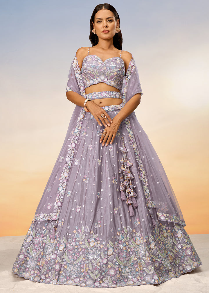 Periwinkle Purple Chiffon Lehenga Choli Adorned with Sequins & Thread Embroidery