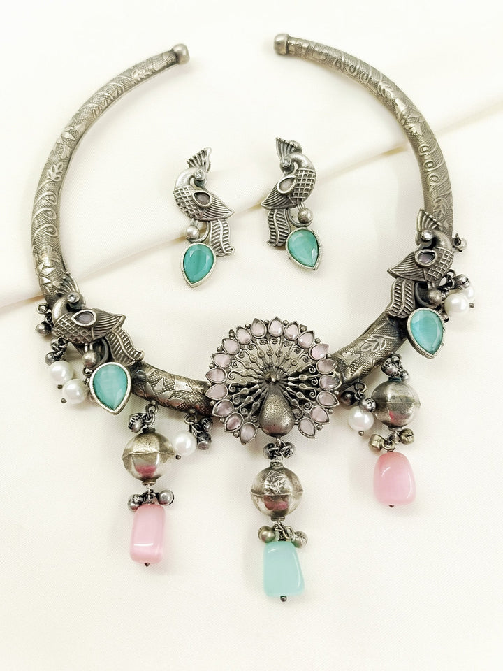 Chadni Baby Pink Peacock Oxidized Hasli Style Necklace Set