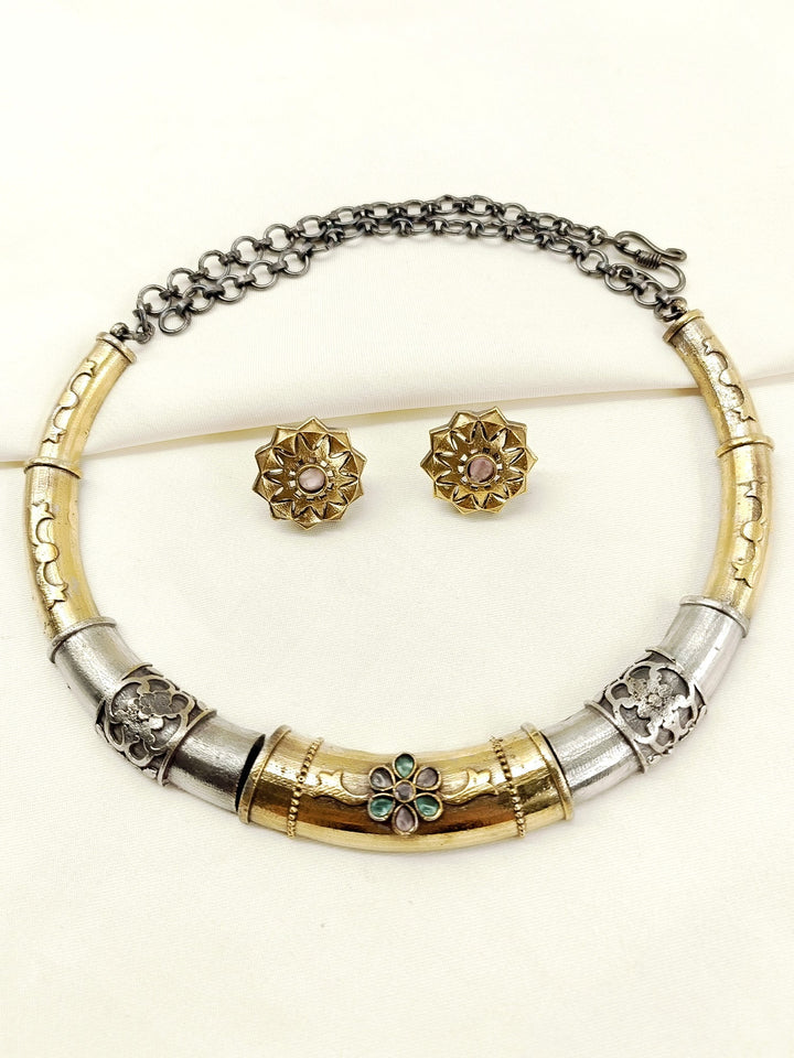 Pavani M&amp;G Oxidized Hasli Styled Choker Set - Brass Necklace