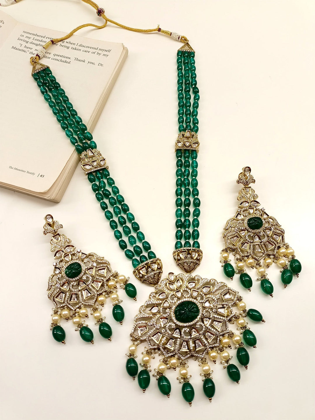 Isabella Green Kundan Polki Long Necklace Set