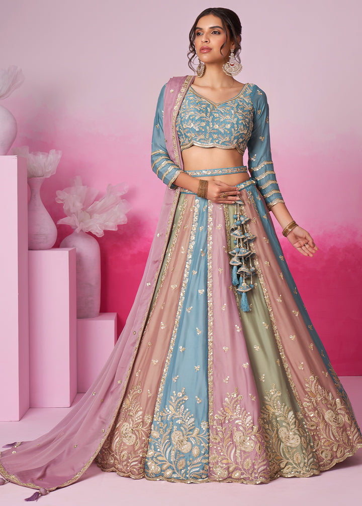 Blue & Green Georgette Lehenga Choli Adorned with Sequins Embroidery Work