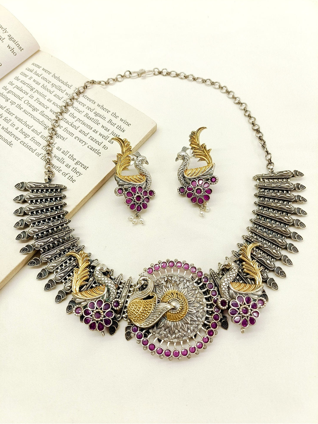 Elea Ruby Peacock Oxidized Necklace Set