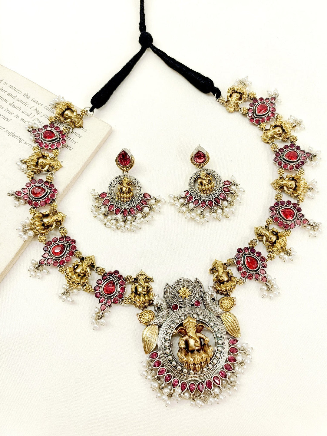 Anavya Ruby Ganesh Ji Oxidized Necklace Set