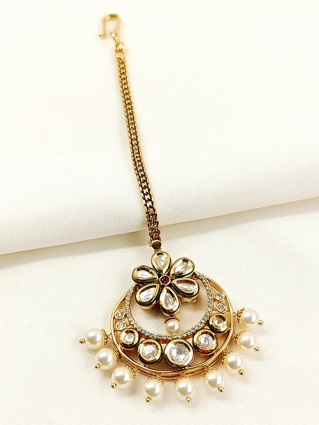 Vidya White Pearl Kundan Teeka - 13.5cm Gold-Plated Bridal