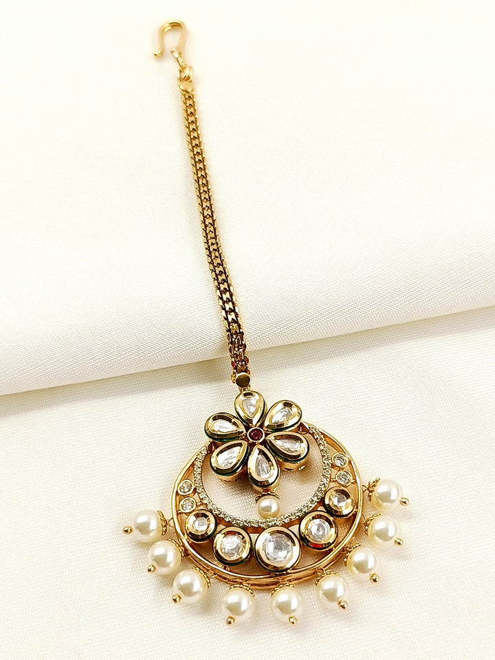 Vidya White Pearl Kundan Teeka - 13.5cm Gold-Plated Bridal