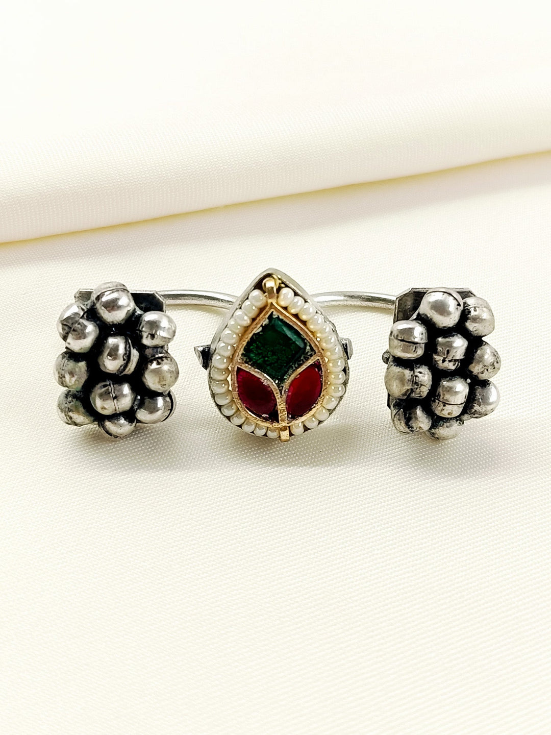 Kausalya Green Oxidized Dual-Finger Kundan Ghunghroo Ring