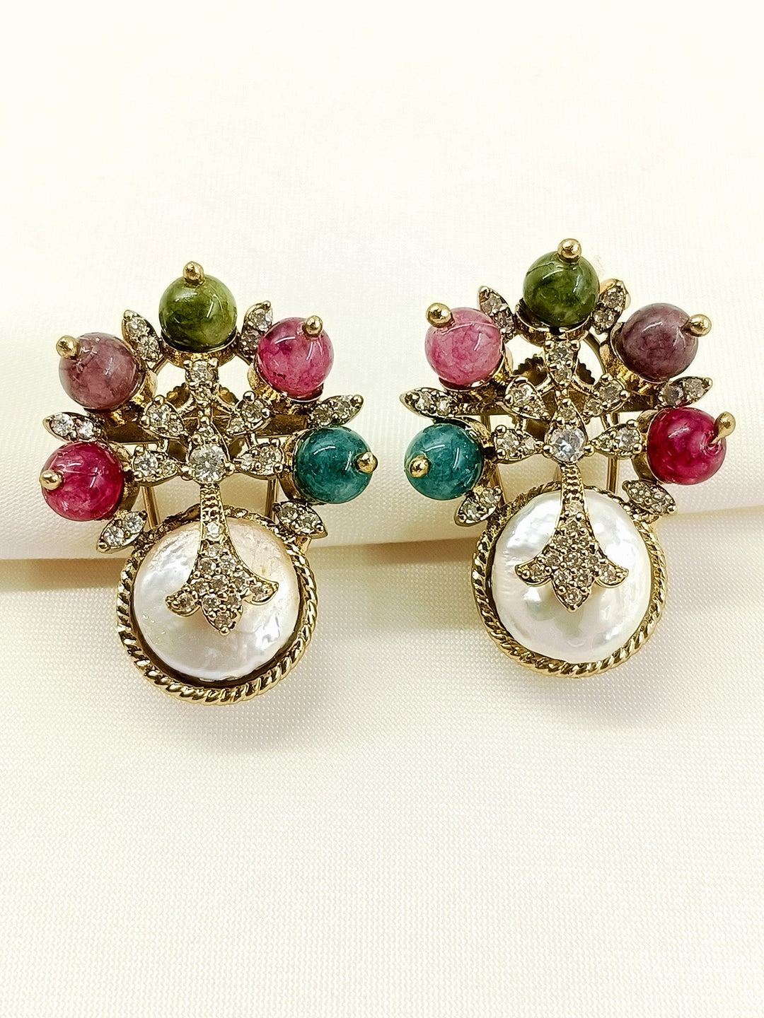 Azra Multi Colour Victorian Earring - Antique Gold Plating