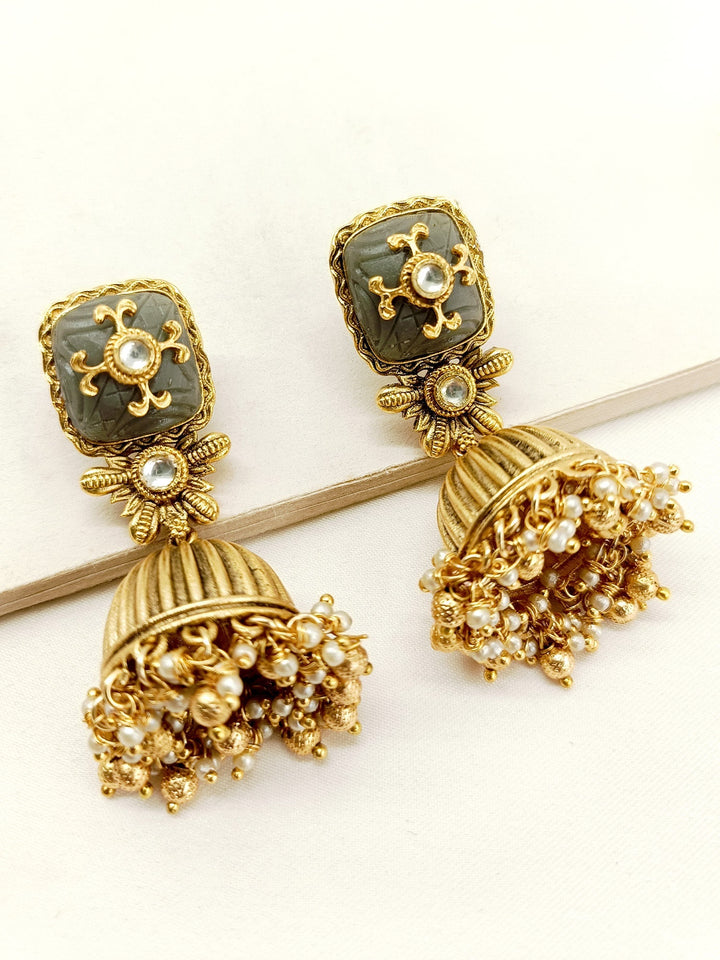 Meera Grey Stone Gold Plated Antique Jhumki