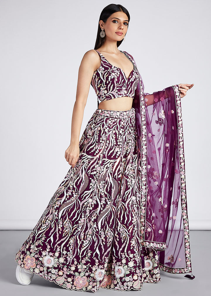 Burgundy Purple Net Lehenga Choli Highlighted with Sequins & Thread Embroidery