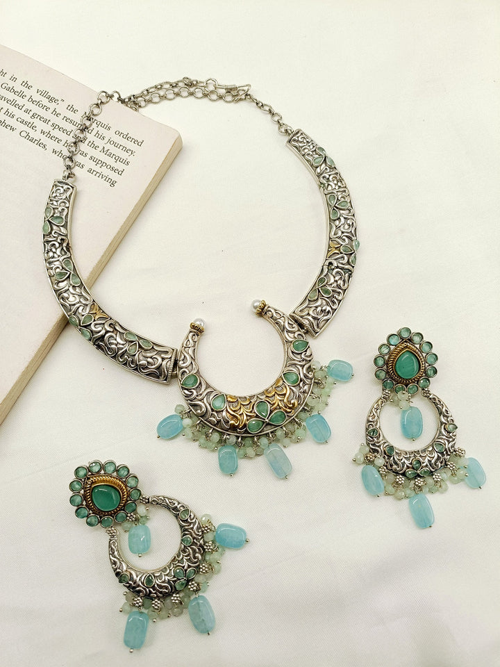 Anjalika Mint Green Oxidized Necklace Set