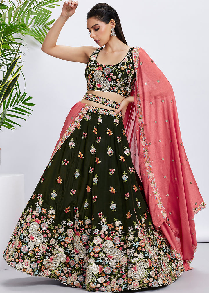 Dark Olive Green Georgette Lehenga Choli Adorned with Sequins & Thread Embroidery