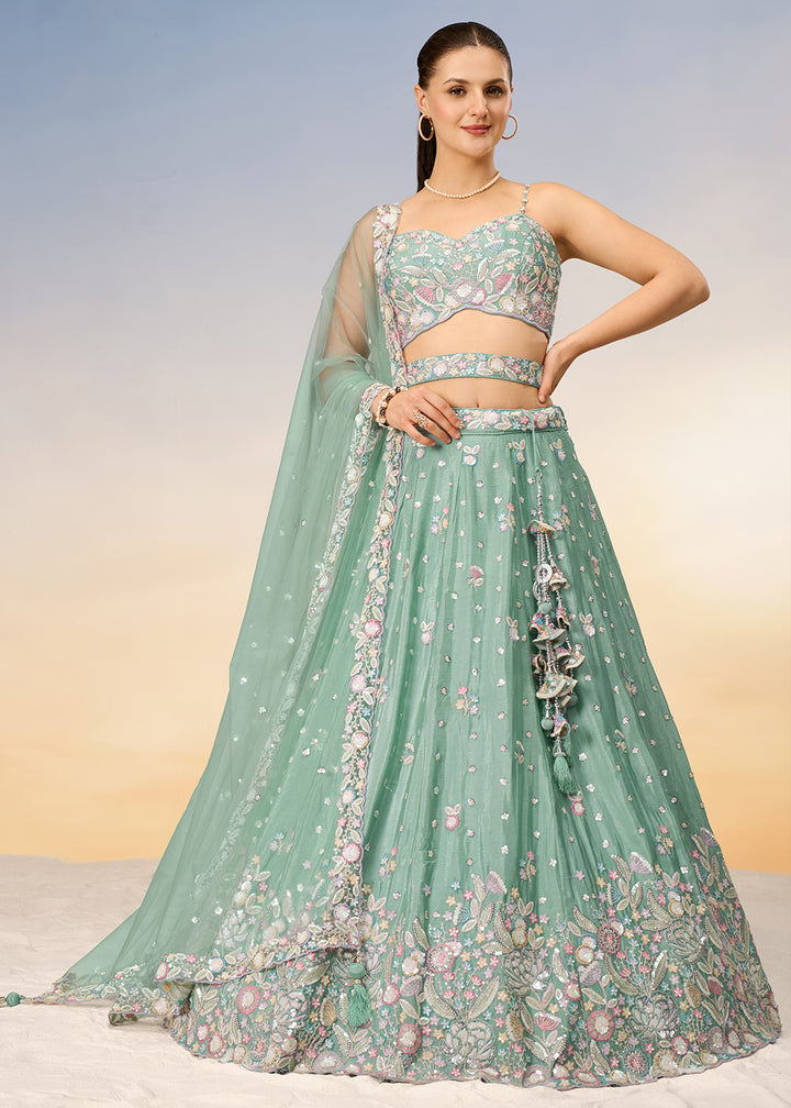 Celadon Green Chiffon Lehenga Choli Adorned with Sequins & Thread Embroidery