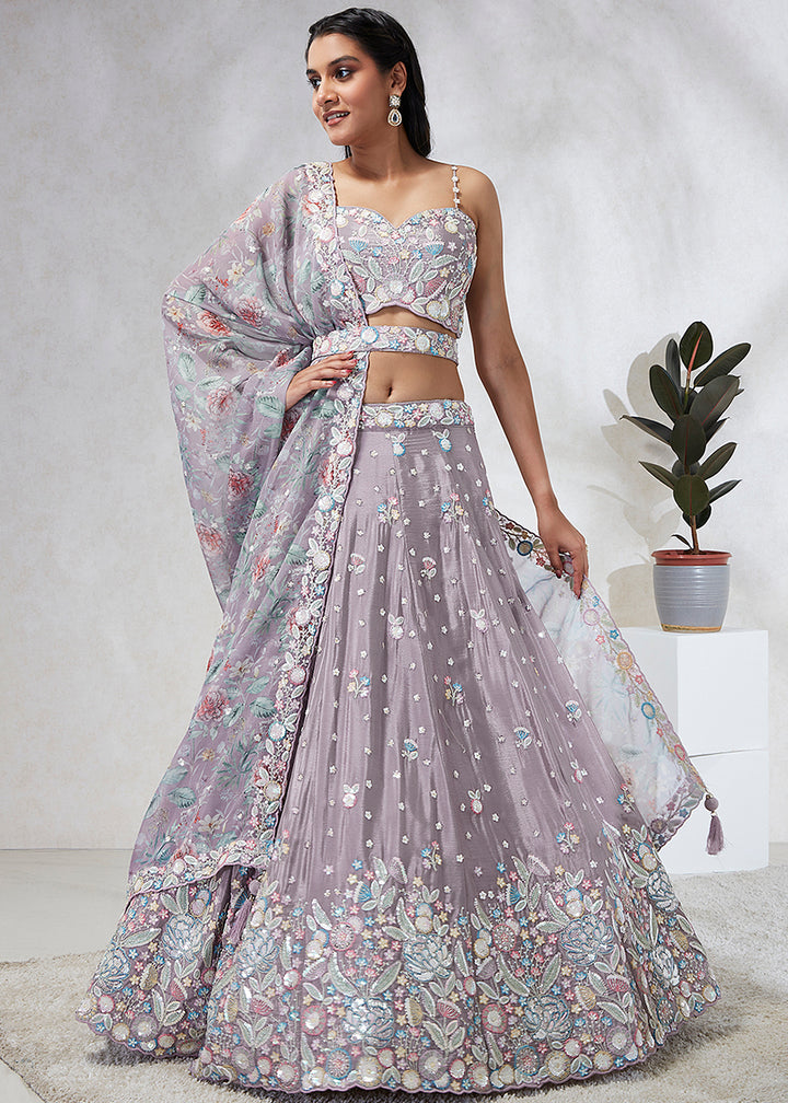 Veronica Purple Silk Chiffon Lehenga Choli Adorned with Sequins & Thread Embroidery