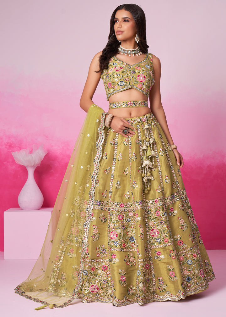 Mustard Green Net Lehenga Choli Adorned with Moti & Sequins Embroidery Work