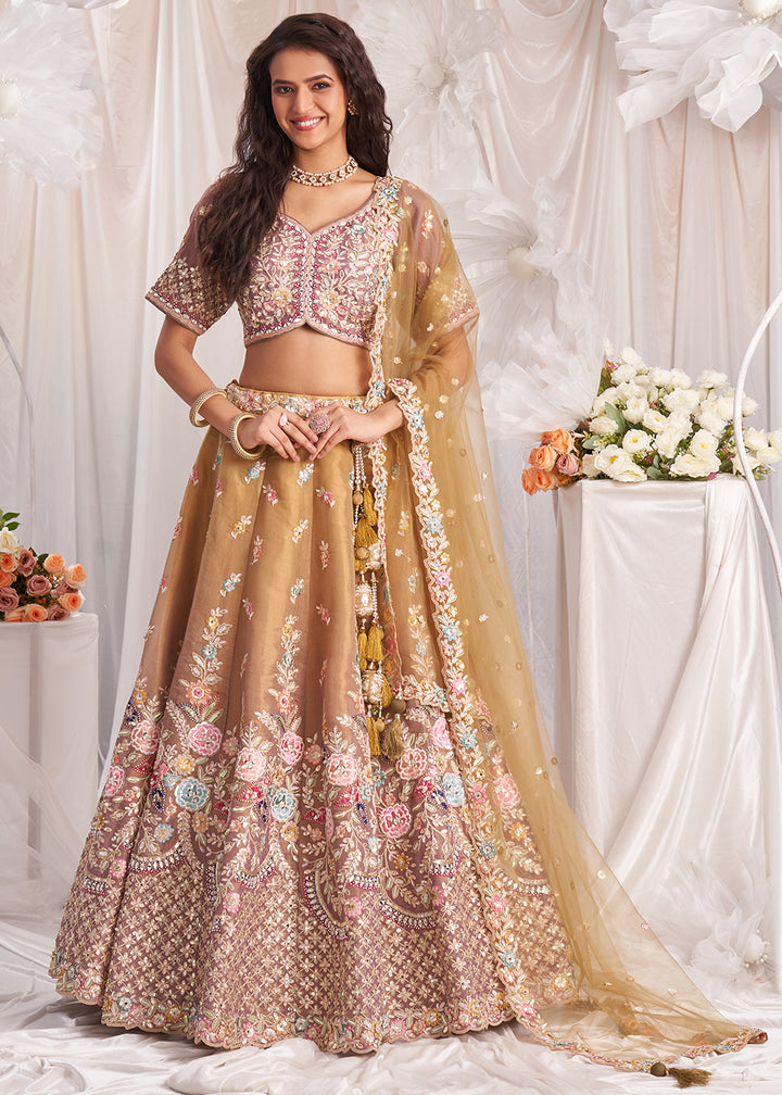 Light Brown & Pink Net Lehenga Choli Adorned with Pearl & Gotapatti Embroidery work: The Bride's Edit