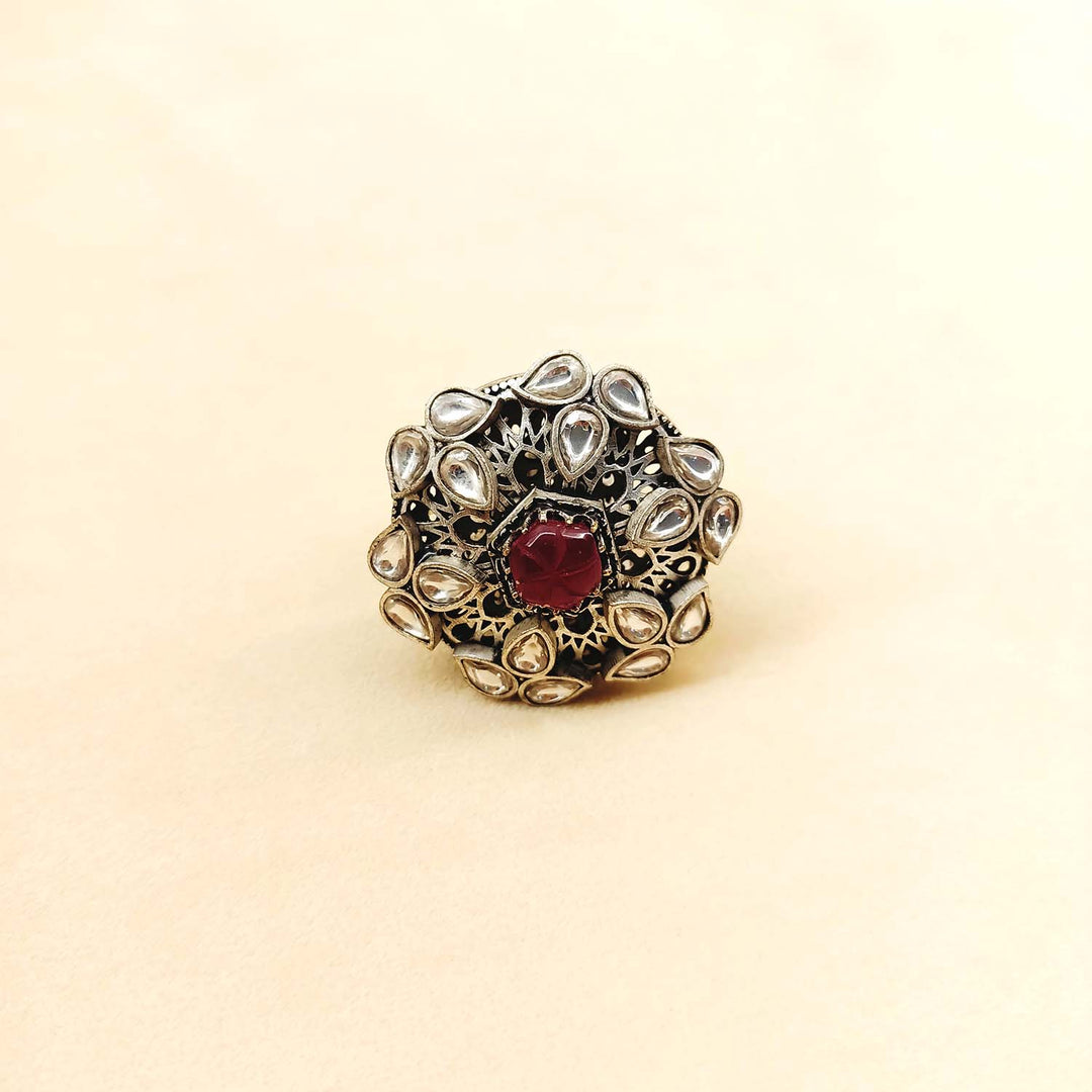 Indira Rose Pink Stone Oxidized Silver Boutique Ring