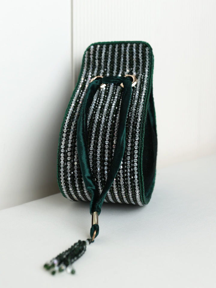 Mihira Emerald Green Silver Beaded  Potli Bag