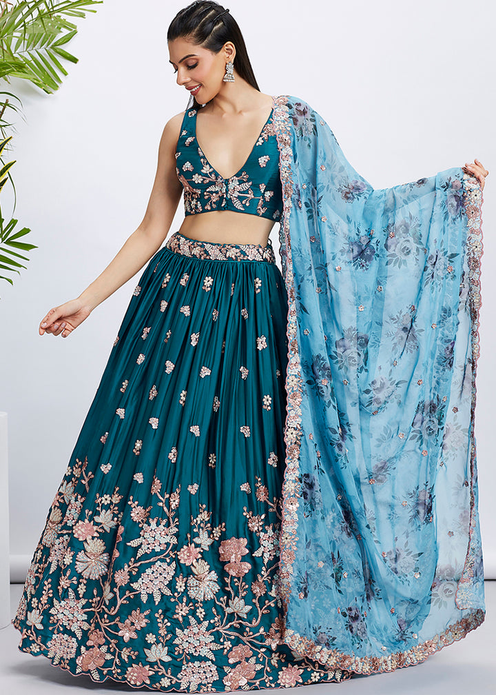 Dark Teal Blue Georgette Lehenga Choli Highlighted with Sequins & Thread Embroidery