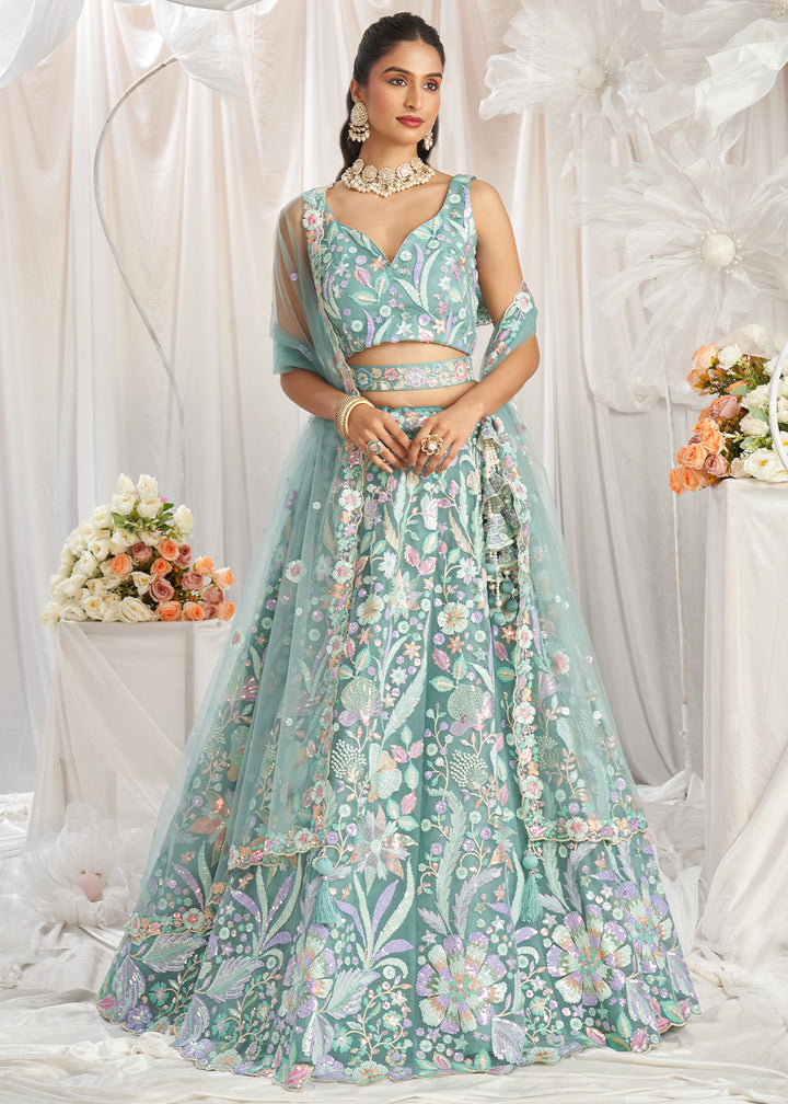 Greenish Blue Net Lehenga Choli Adorned with Sequins Embroidery Work