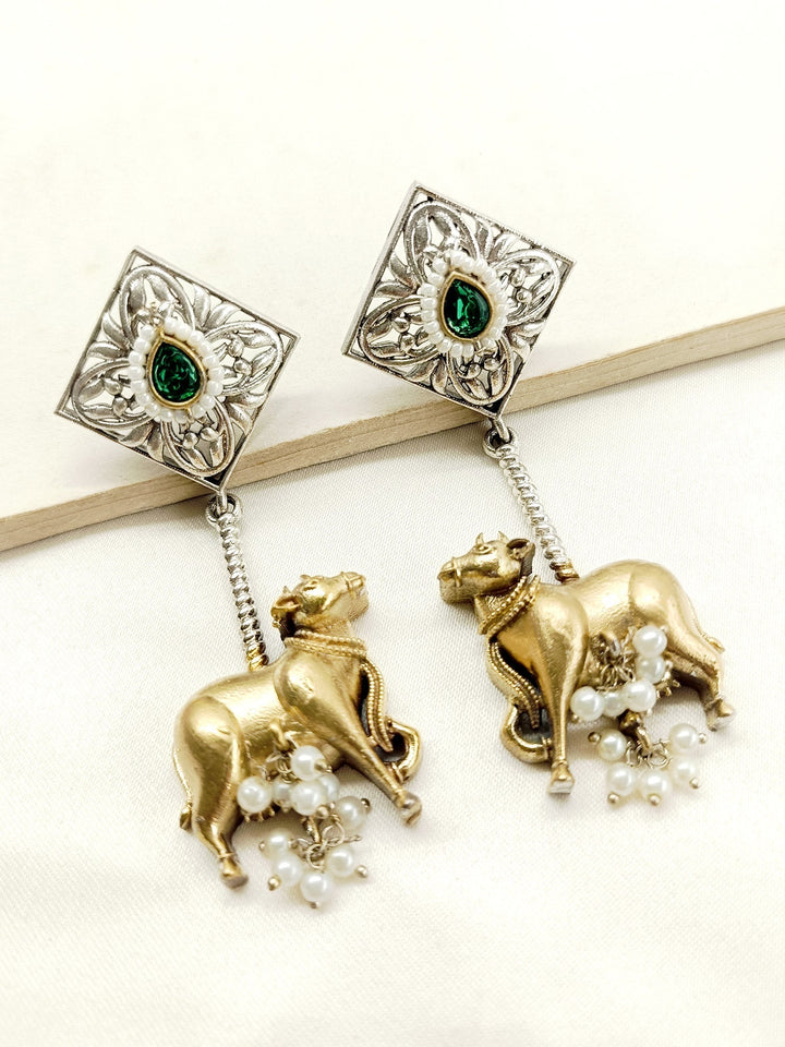 Manvika Green Cow Oxidized Earrings