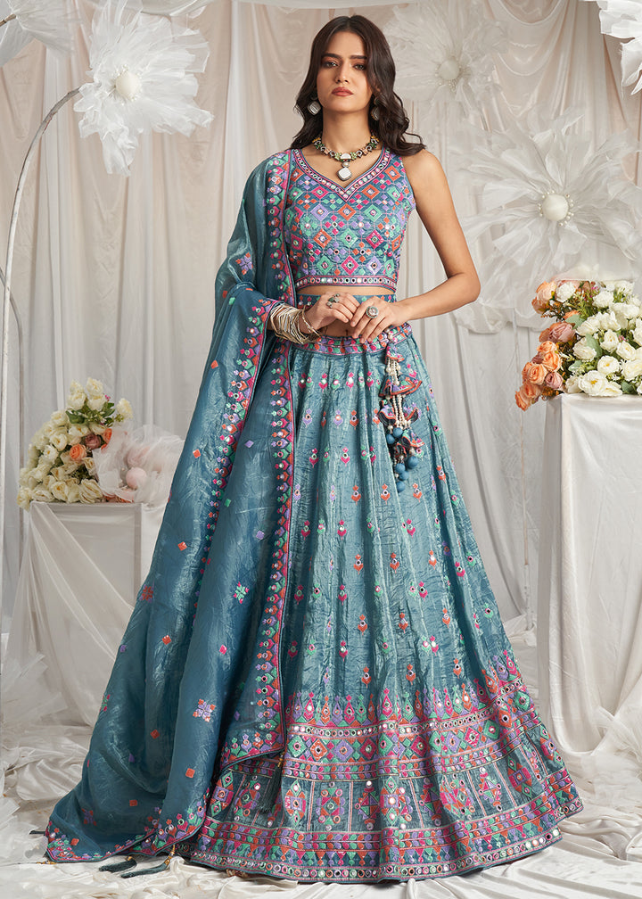 Teal Blue Organza Lehenga Choli Adorned with Sequins & Mirror Embroidery