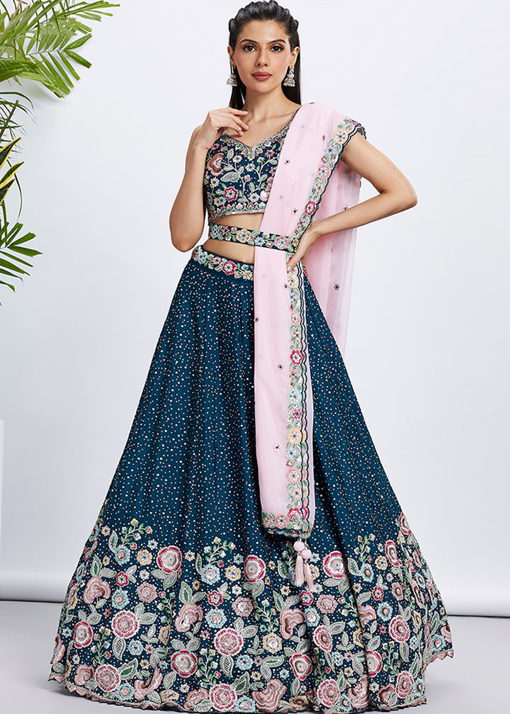 Prussian Blue Chiffon Lehenga Choli Adorned with Sequins & Thread Embroidery