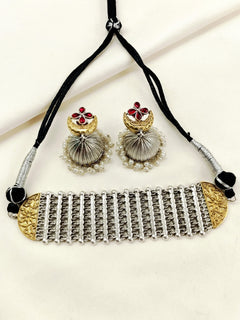 Ziya Two Tone Oxidized Choker Set - Brass Necklace