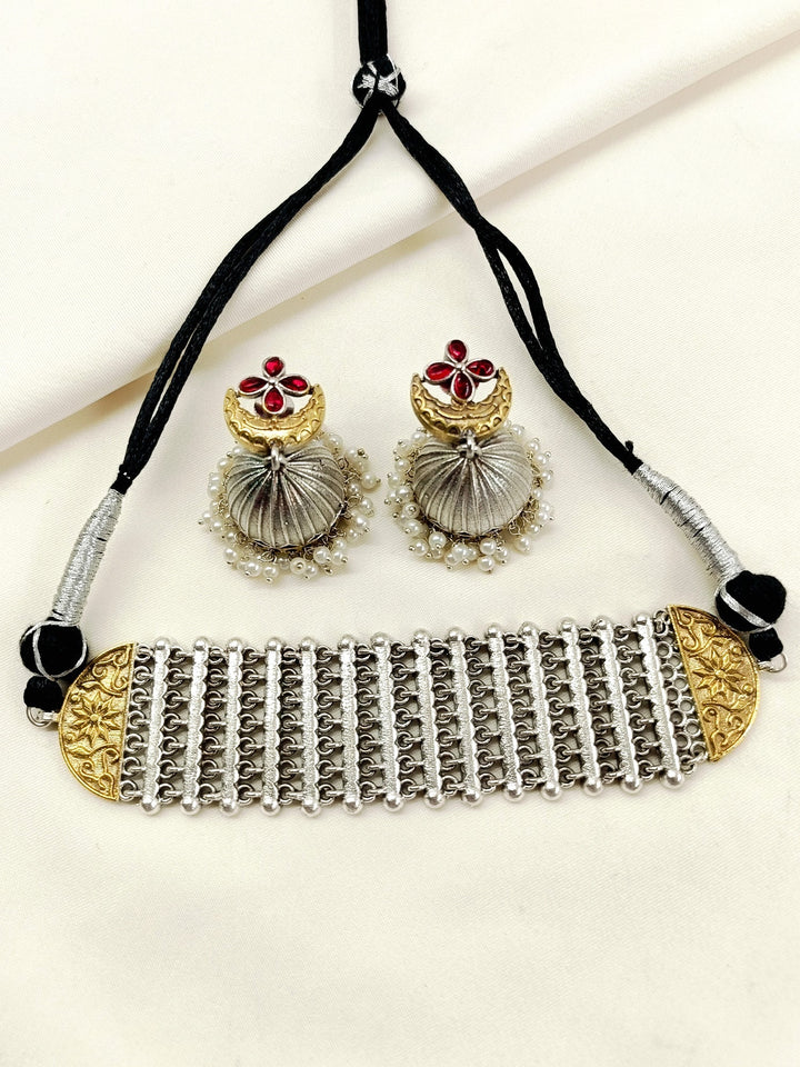 Ziya Two Tone Oxidized Choker Set - Brass Necklace