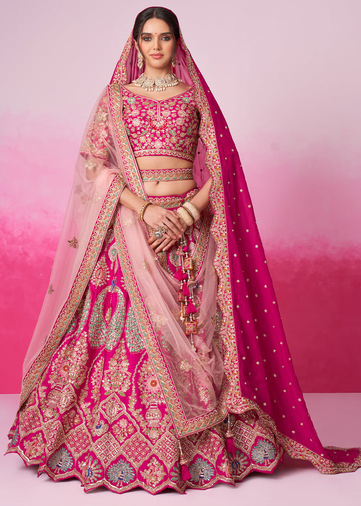 Hot Pink Silk Lehenga Choli Adorned with Moti & Sequins Embroidery Work: Bridal Collection