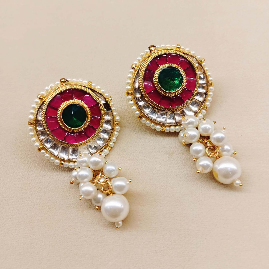 Karuna Rose Pink & Green Gold Plated Kundan Earrings