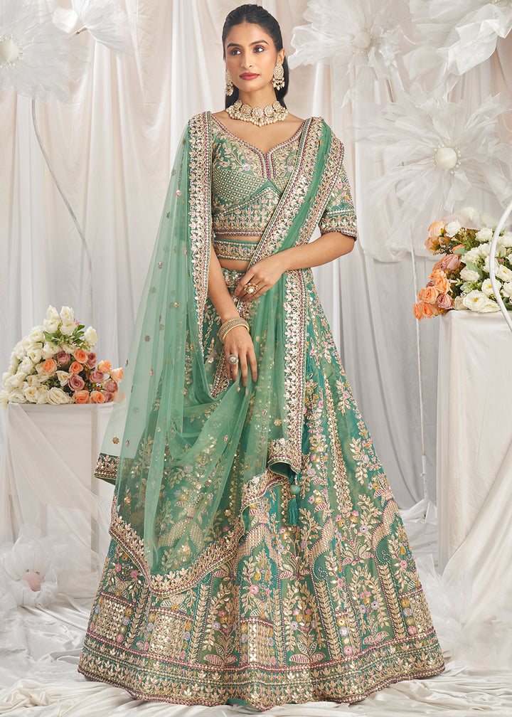 Sea Green Tissue Lehenga Choli  Adorned with Pearl and Gotapatti Embroidery: The Bride's Edit