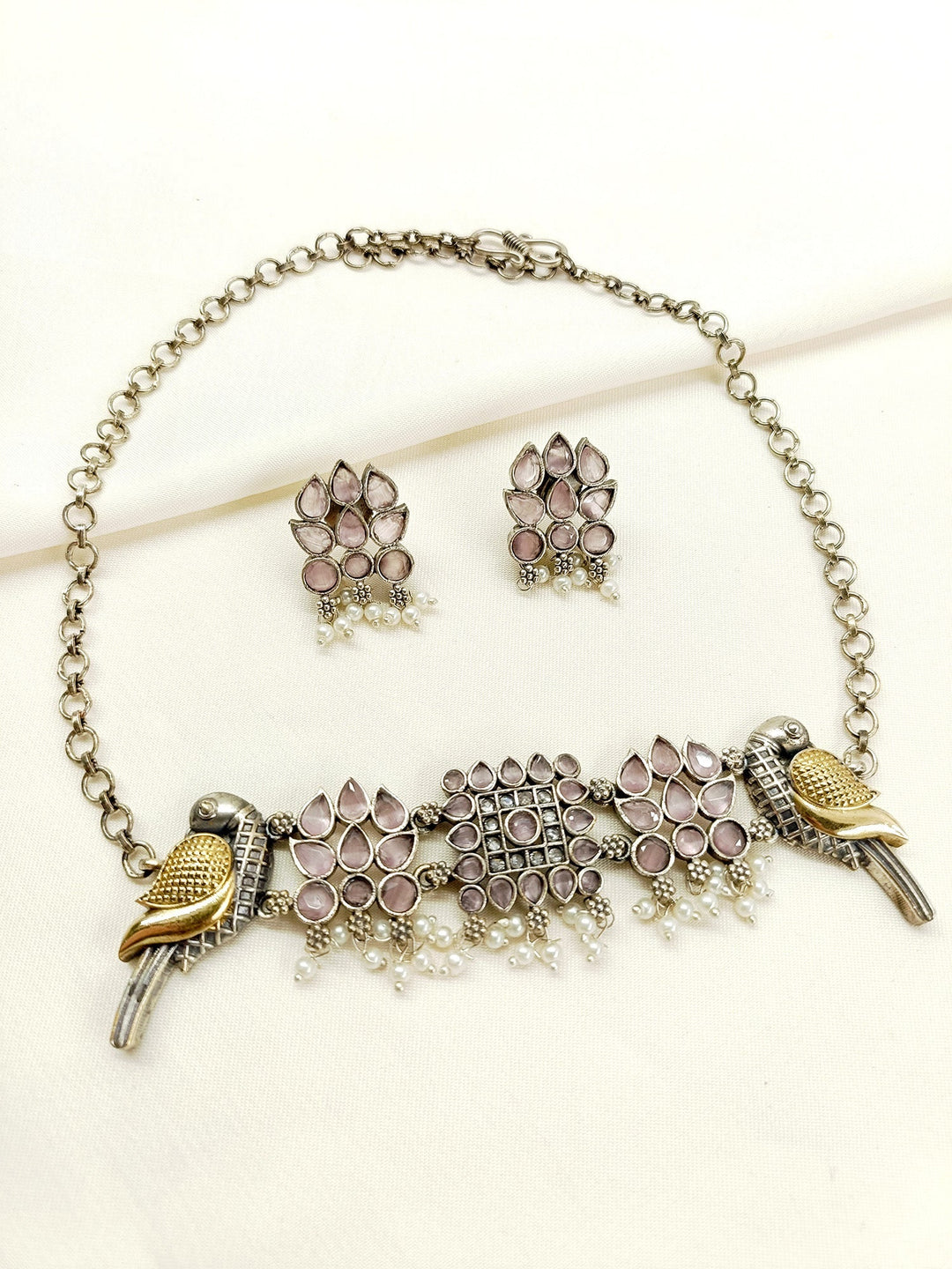 Rish Baby Pink Peacock Oxidized Choker Set