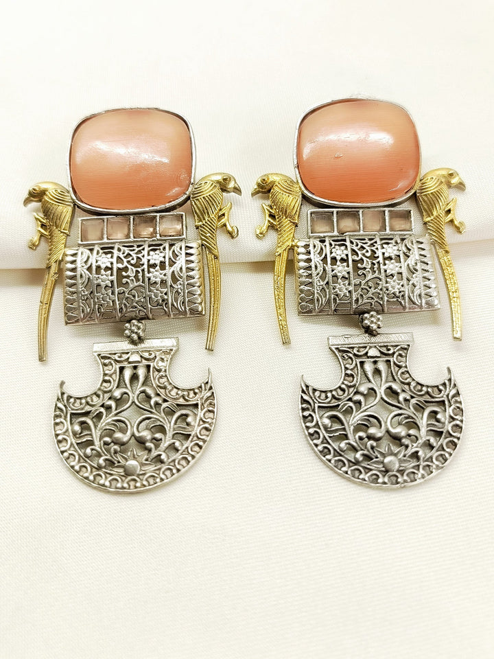 Taru Orange Oxidized Earring - 8 cm Silver Dangler