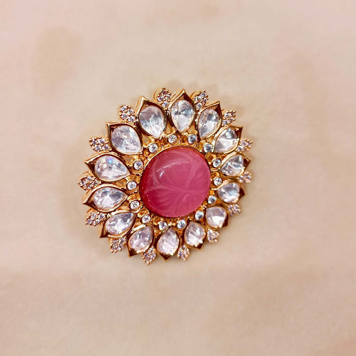 Binita Pink Stone Gold Plated Kundan Ring