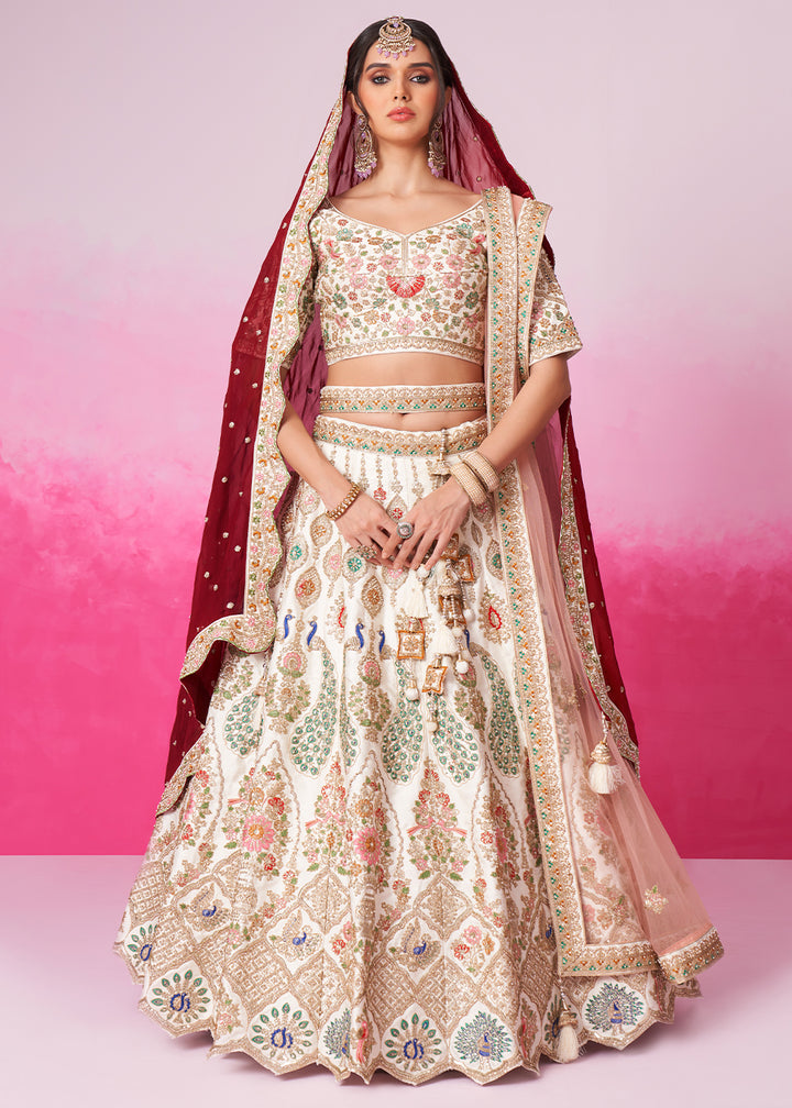 Cream White Silk Lehenga Choli Adorned with Moti & Sequins Embroidery Work: Bridal Collection