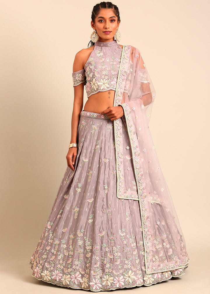 Thistle Purple Georgette Lehenga Choli Highlighted with Zarkan and Sequins Work