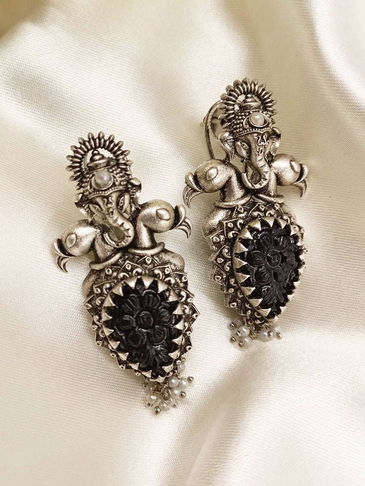 Naincy Ganesha Earrings With Black Carved Stone