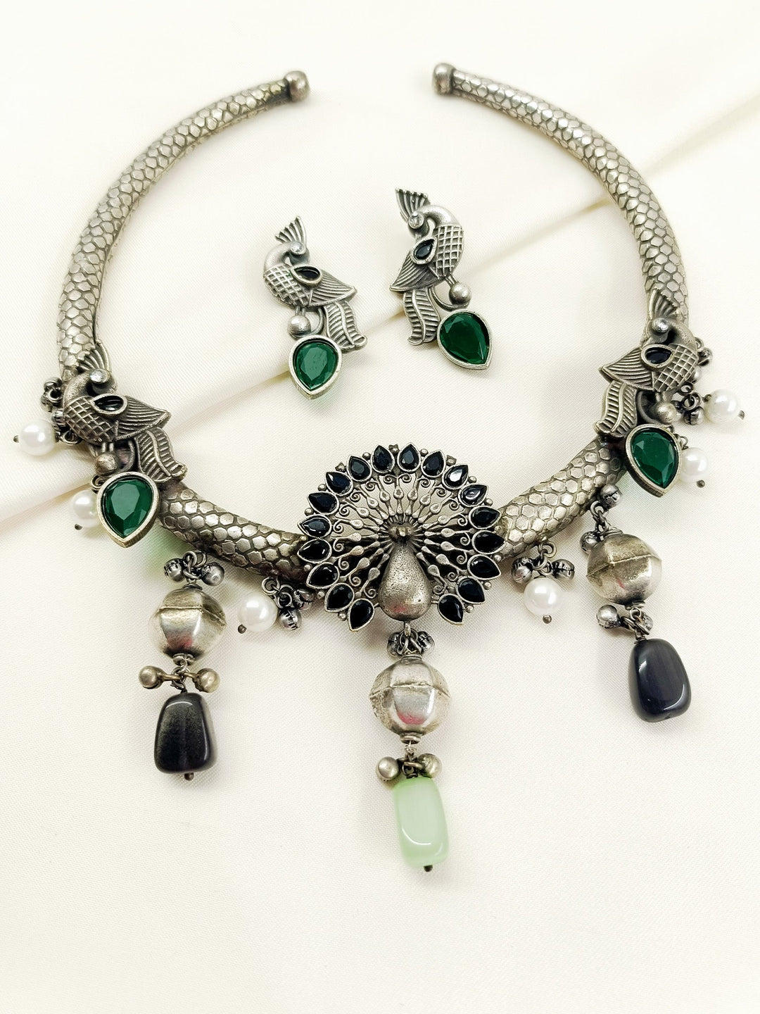 Jaanki Black Peacock Oxidized Hasli Style Necklace Set